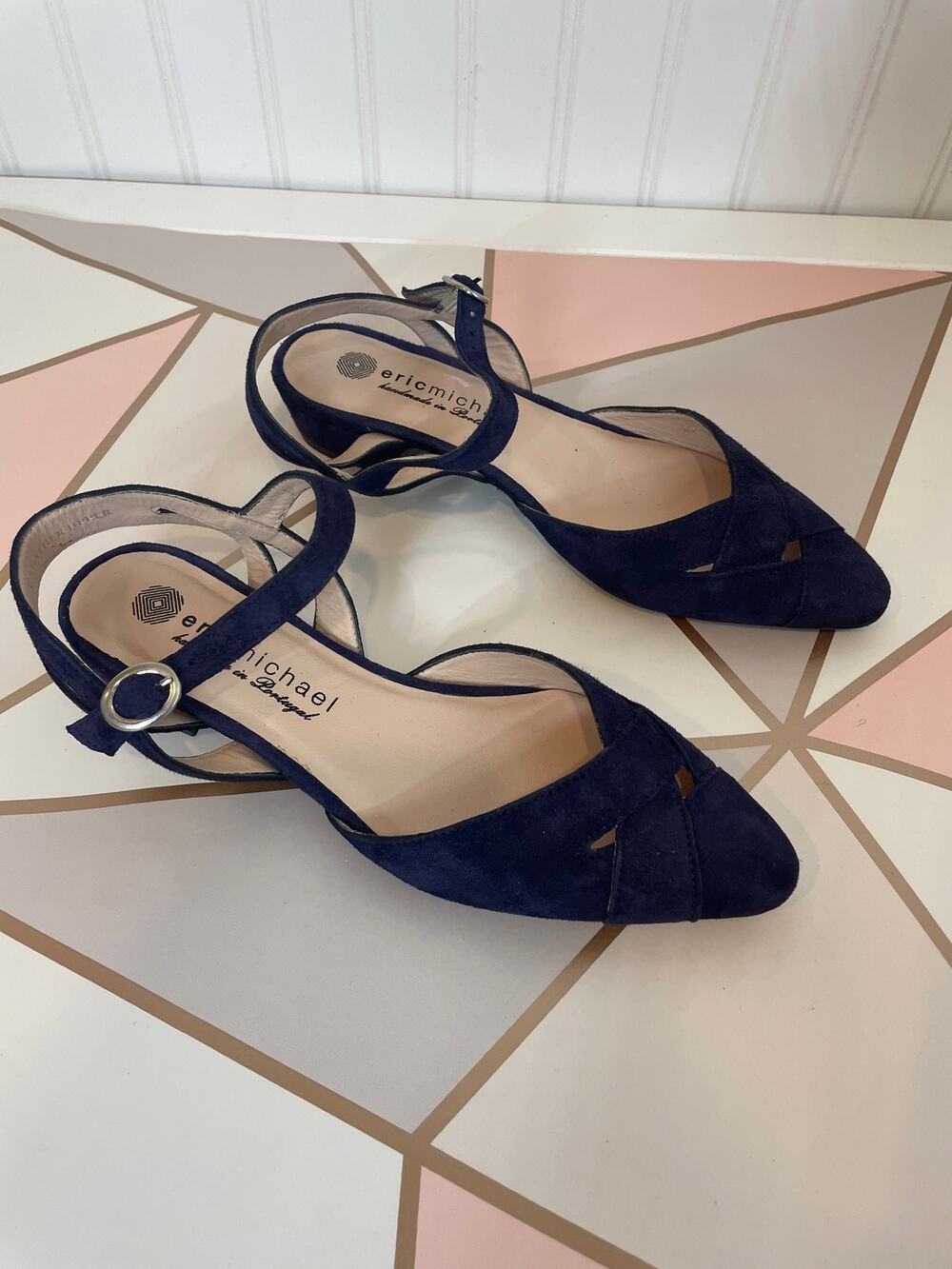 ERIC MICHAEL Navy Made In Portugal Suede Camila Low Heel Flats Sling Back Size 7